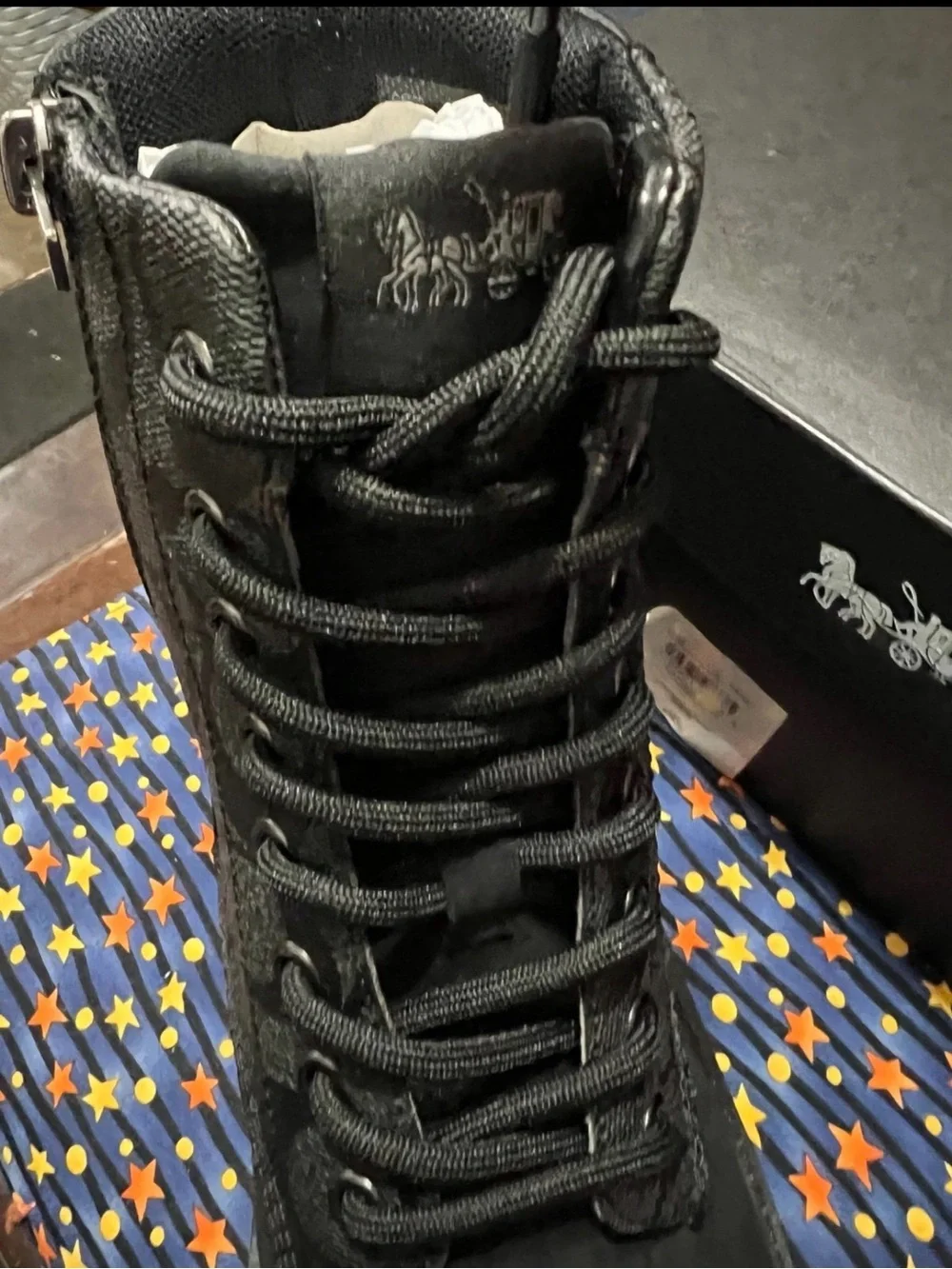 Coach Black Signature Logo Lace-Up Combat Boot